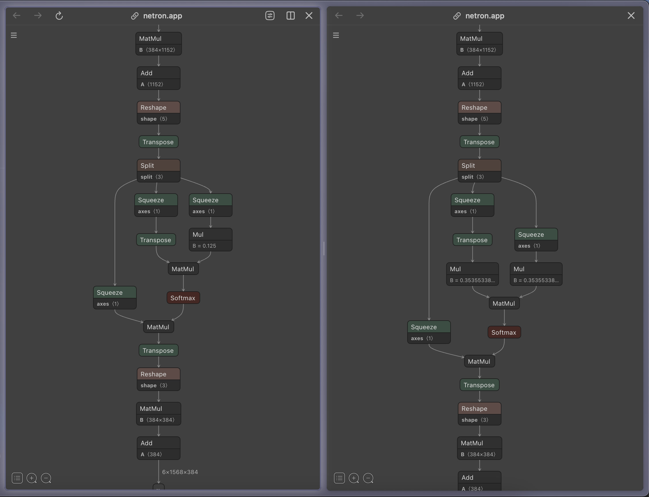 A screenshot from Netron comparing both versions’s ONNX files