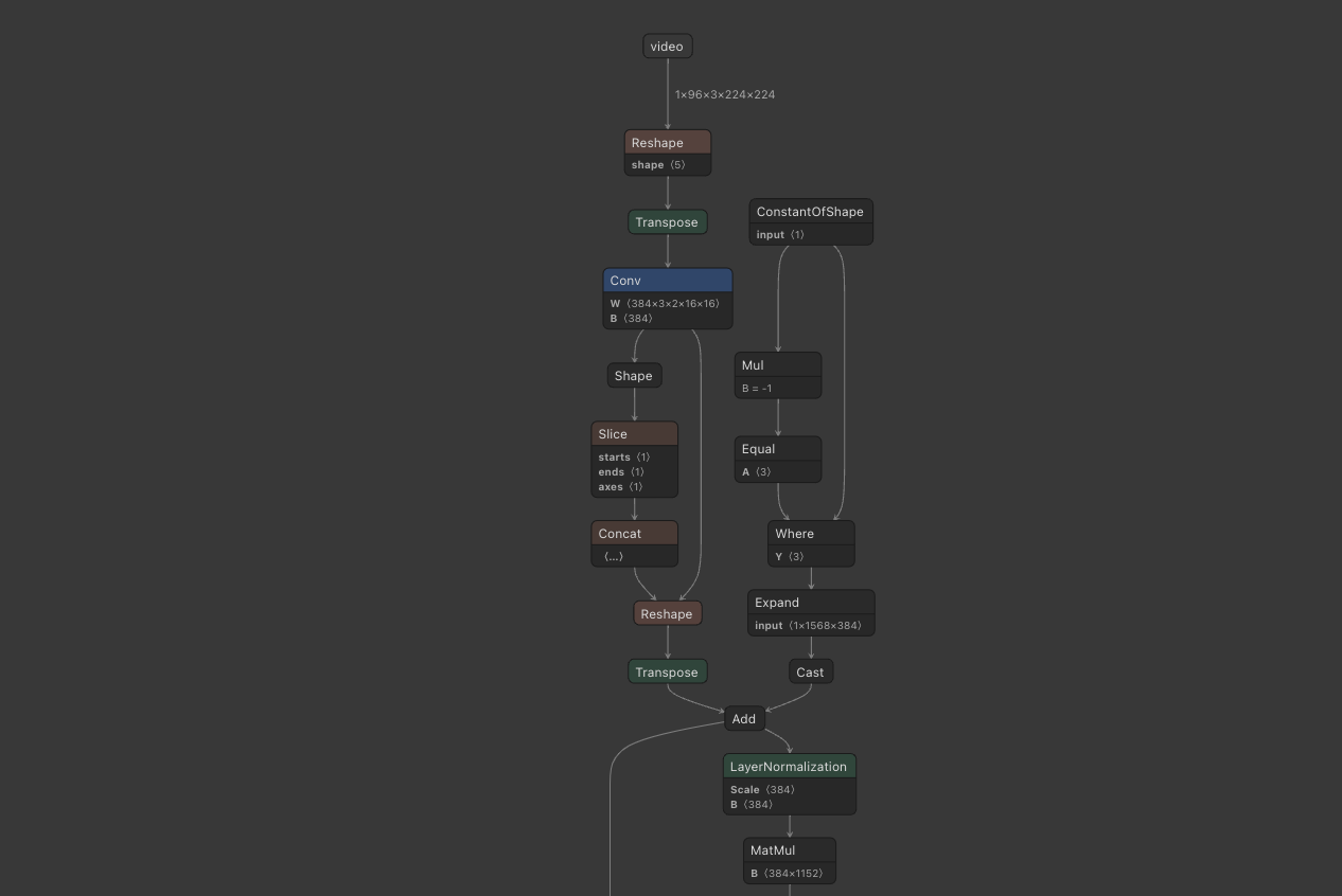 The ONNX graph, starting from the video input and passing into the convolution in the patch emb layer