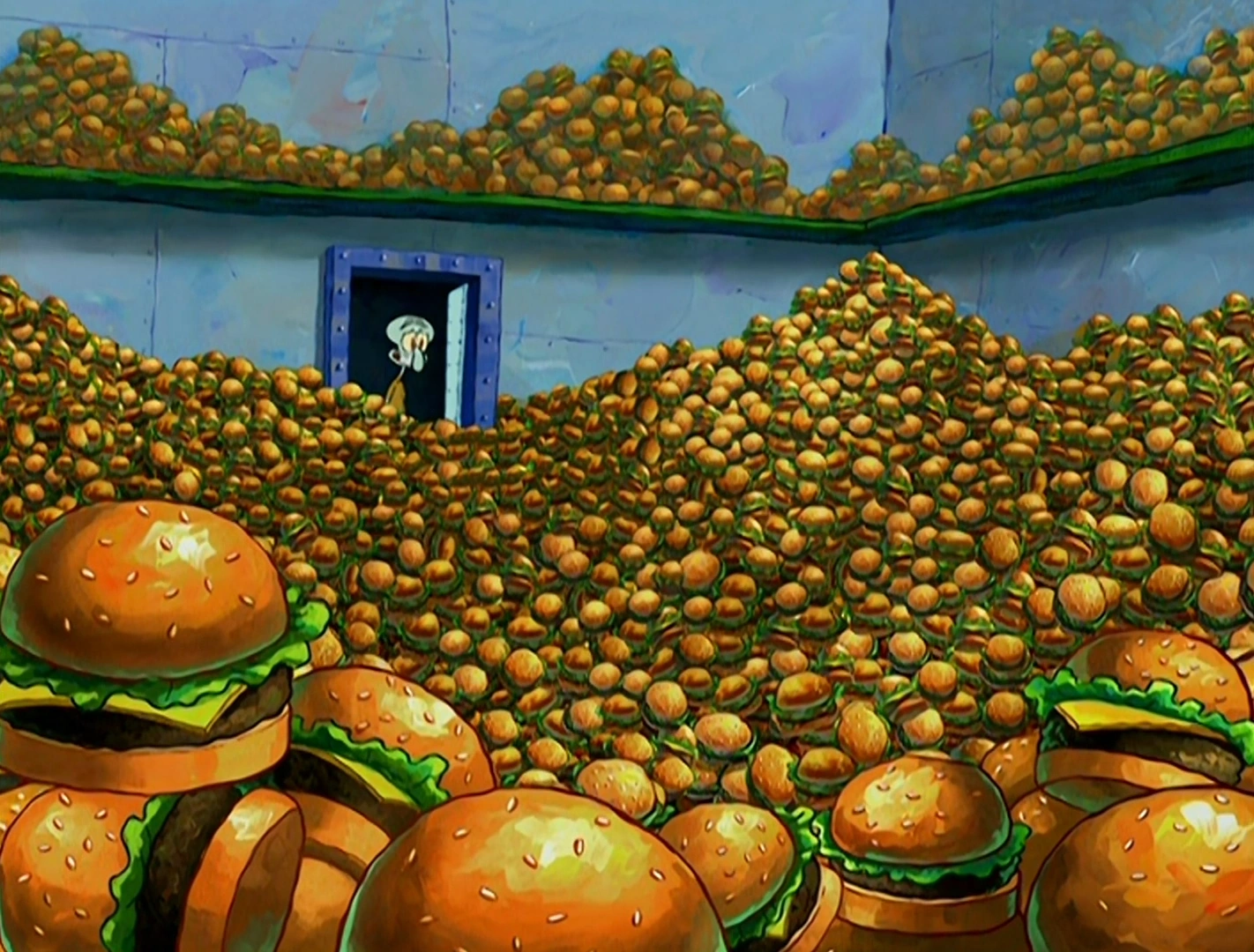 Squidward looking into the Krabby Patty vault in the Just One Bite episode