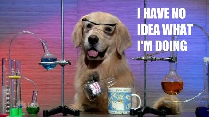 chemistry dog with the 'I have no idea what I'm doing' caption