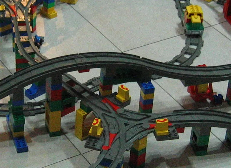 A three-level LEGO train layout
